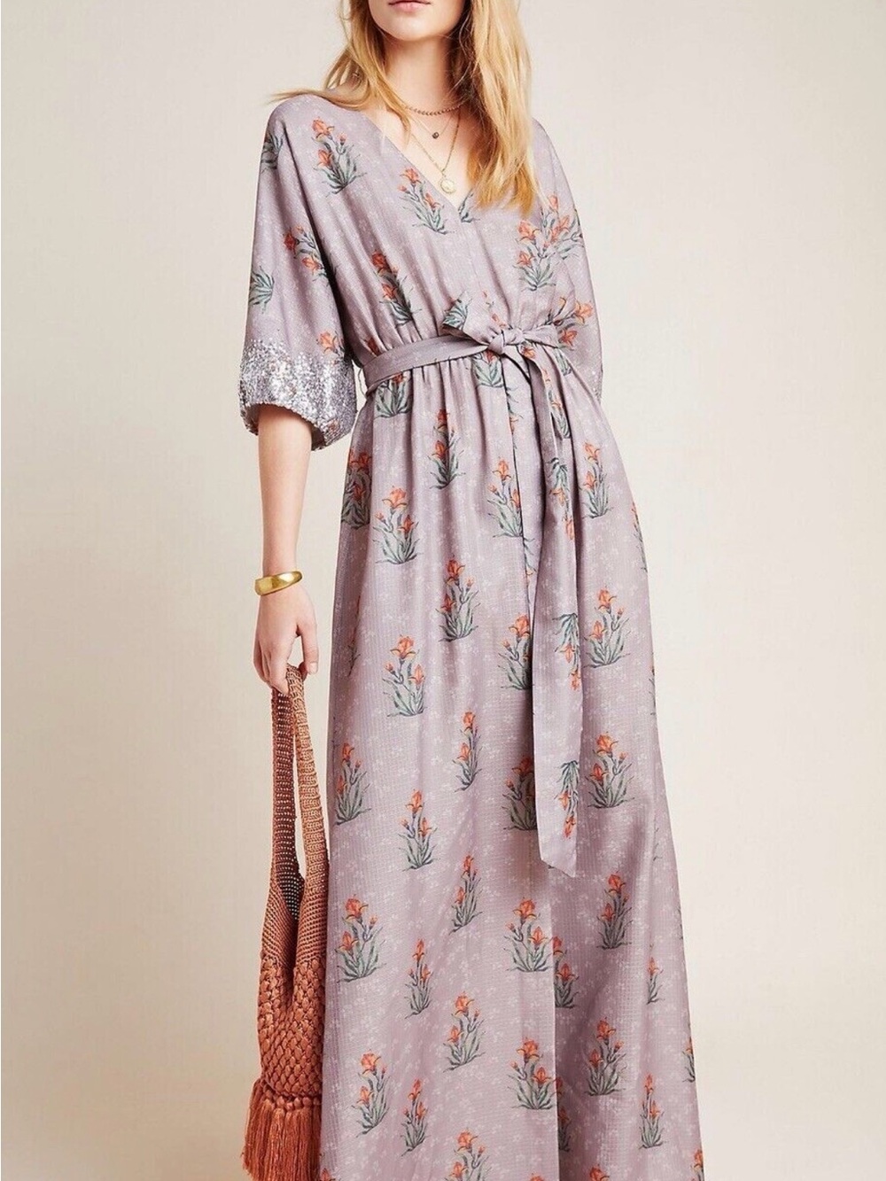 Anthropologie Lavender Floral Maxi Dress with Tie Belt